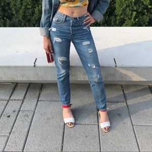 Levi’s straight leg, slight high rise, distressed jeans